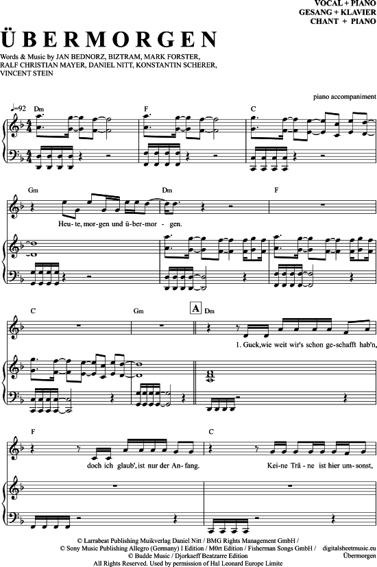  bermorgen (Klavier Begleitung + Gesang) (Klavier Gesang  Gitarre) von Mark Forster