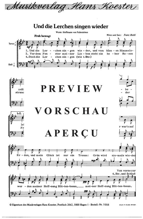 Und die Lerchen singen wieder (M auml nnerchor) (M nnerchor) von Franz Biebl