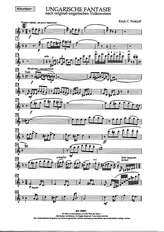 Ungarische Fantasie (Akkordeon 1) (Akkordeonorchester) von Erich C. Frohloff (nach ungarischen Volksweisen)