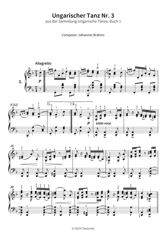Ungarischer Tanz Nr. 3 - aus der Sammlung Ungarische T nze Buch 1 (Klavier Solo) (Klavier Solo) von Johannes Brahms