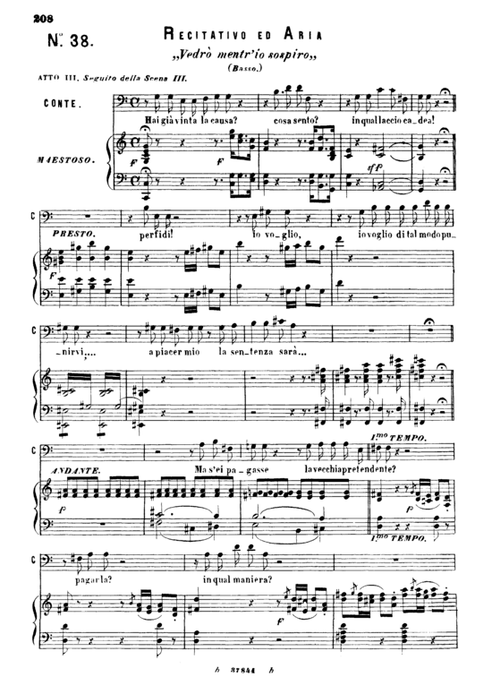 Vedro mentr io sospiro (Klavier + Bass Bariton Solo) Ricordi (Klavier  Bass) von W. A. Mozart (K.492)