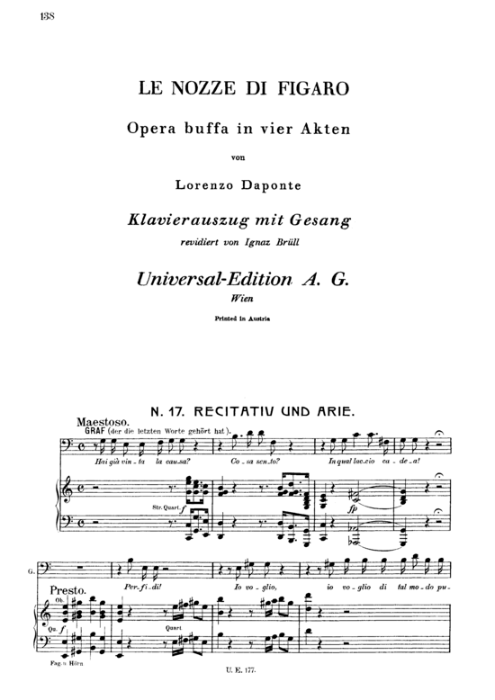 Vedro mentr io sospiro (Klavier + Bass Bariton Solo) (Klavier  Bass) von W. A. Mozart (K.492)