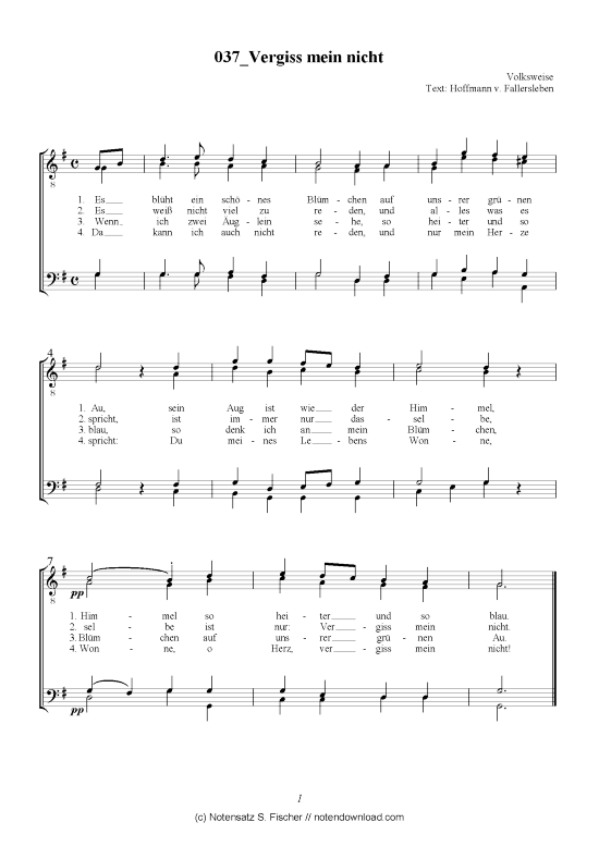 Vergiss mein nicht (M nnerchor) (M nnerchor) von Volksweise  Hoffmann v. Fallersleben 