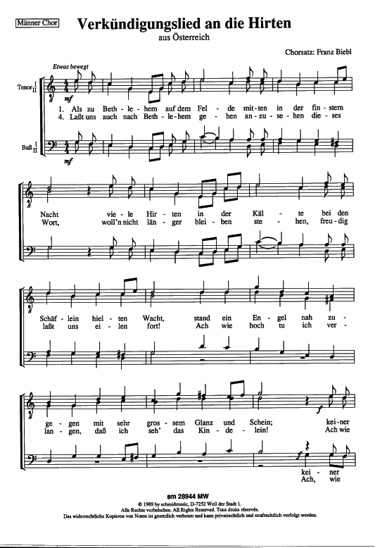 Verk uuml ndigungslied an die Hirten (M auml nnerchor) (M nnerchor) von Traditional (Satz Franz Biebl)