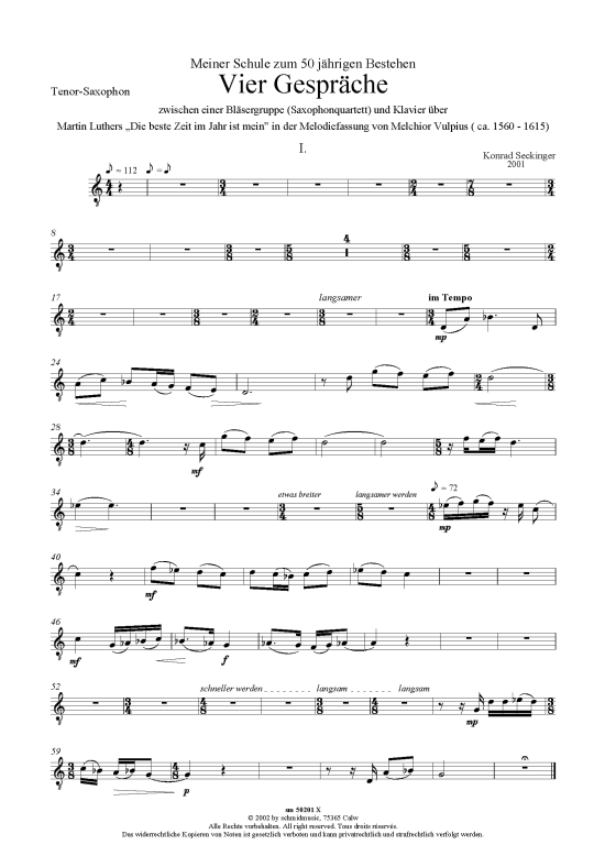 Vier Gespr che Tenor-Sax (Saxophon-Quartett + Klavier) (Quartett (Saxophon)) von Konrad Seckinger
