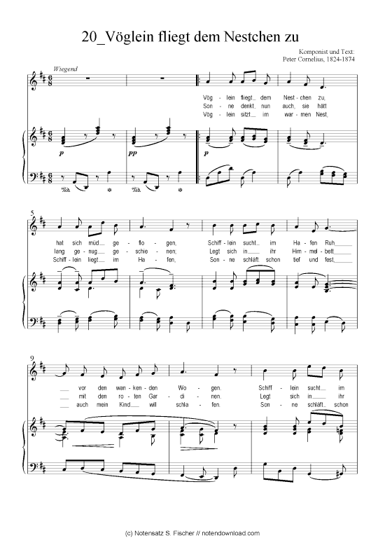 V glein fliegt dem Nestchen zu (Klavier + Gesang) (Klavier  Gesang) von Komponist und  Peter Cornelius 1824-1874