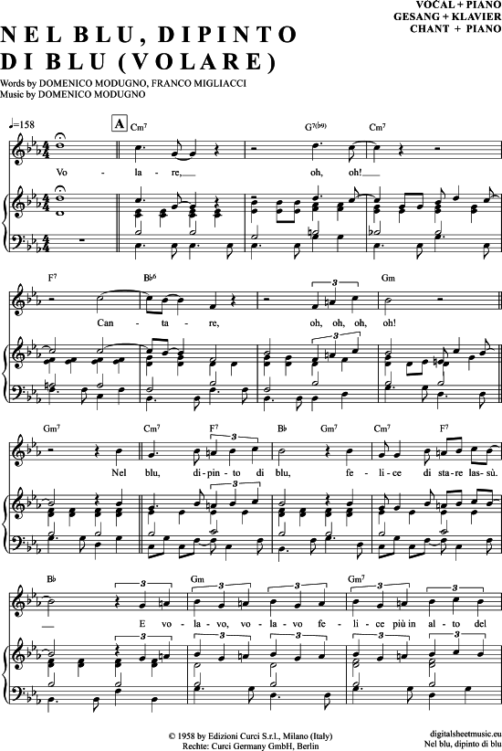 Volare (Nel blu dipinto di blu) (Klavier + Gesang) (Klavier Gesang  Gitarre) von Domenico Modugno (VA)