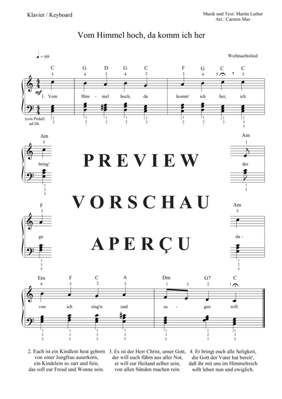 Vom Himmel hoch da komm ich her (Level - 1) (Klavier Solo + Text Akkorde) (Klavier Solo) von Martin Luther