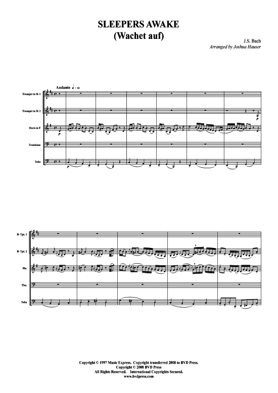 Wachet Auf (Blechbl serquintett) (Quintett (Blech Brass)) von J. S. Bach (arr. Hauser)