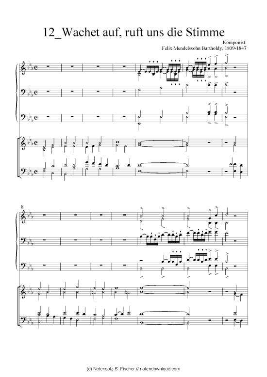 Wachet auf ruft uns die Stimme (Quartett in C) (Quartett (4 St.)) von Felix Mendelssohn Bartholdy 1809-1847