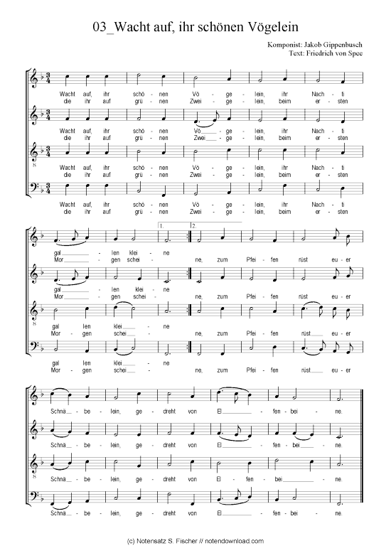 Wacht auf ihr sch nen V gelein (Gemischter Chor) (Gemischter Chor) von Jakob Gippenbusch  Friedrich von Spee
