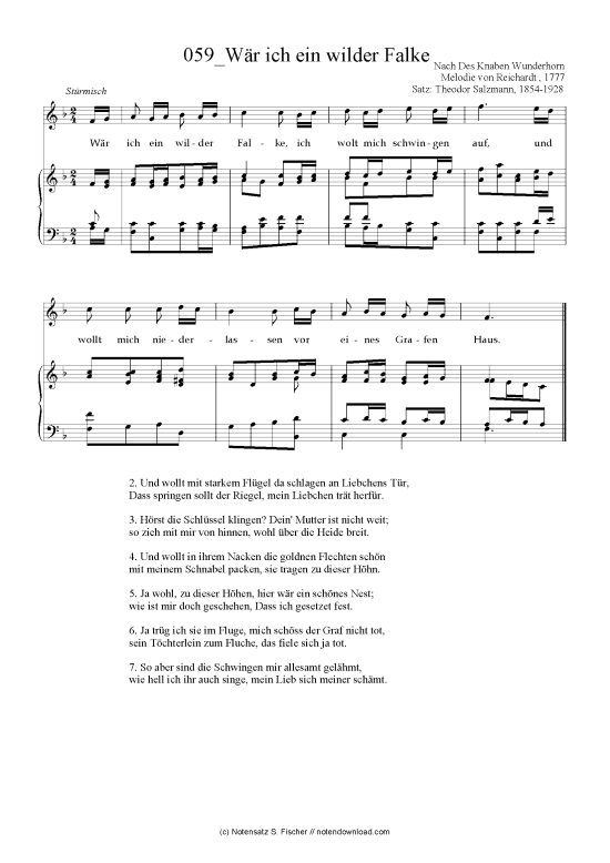 W r ich ein wilder Falke (Klavier + Gesang) (Klavier  Gesang) von Nach Des Knaben Wunderhorn Melodie von Reichardt  1777 