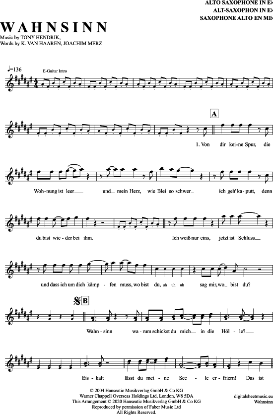 Wahnsinn (Alt-Sax) (Alt Saxophon) von Wolfgang Petry