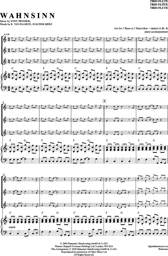 Wahnsinn (Fl ten Trio + Klavier) (Trio (Fl te)) von Wolfgang Petry