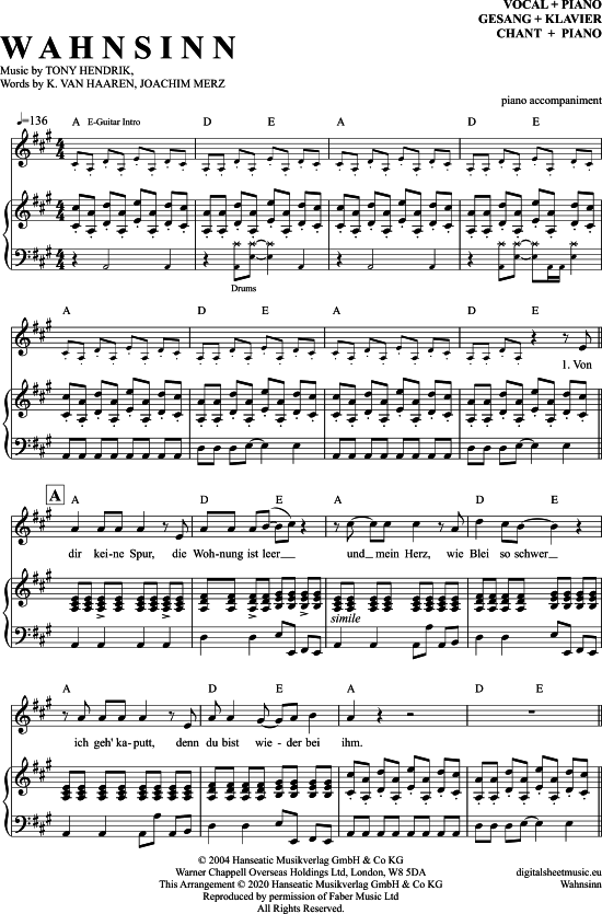 Wahnsinn (Klavier Begleitung + Gesang) (Klavier Gesang  Gitarre) von Wolfgang Petry