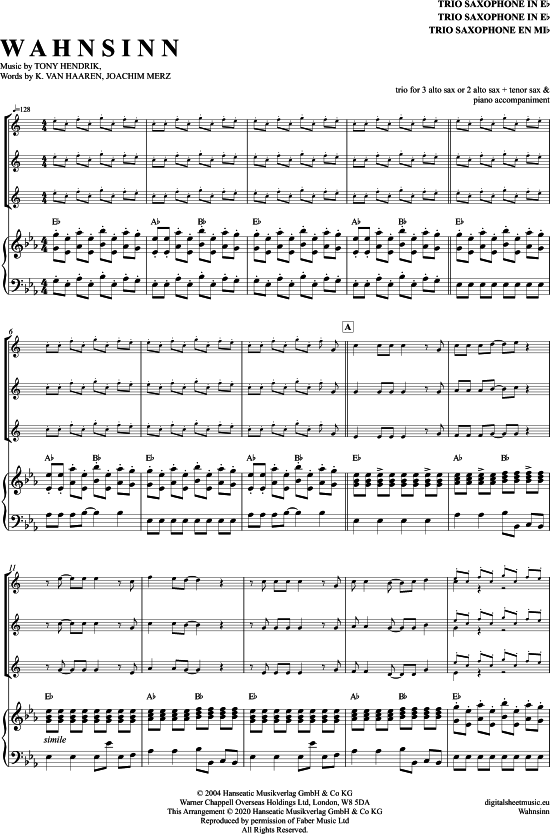 Wahnsinn (Saxophon Trio AAA(T) + Klavier) (Trio (Saxophon)) von Wolfgang Petry