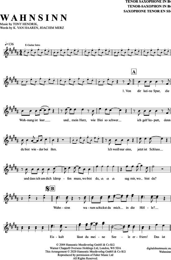 Wahnsinn (Tenor-Sax) (Tenor Saxophon) von Wolfgang Petry