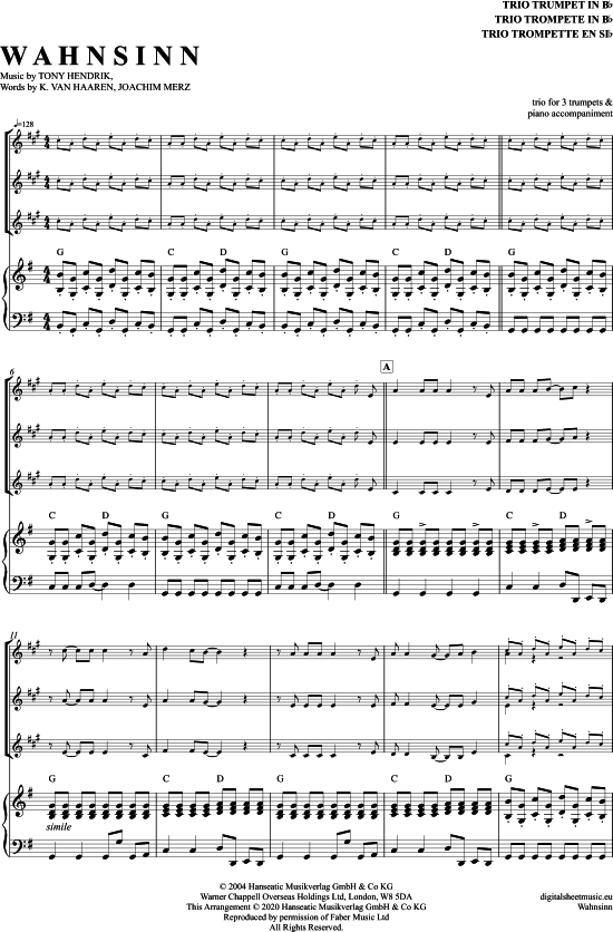 Wahnsinn (Trompeten Trio + Klavier) (Trio (Trompete)) von Wolfgang Petry