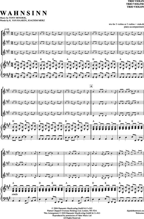 Wahnsinn (Violinen Trio + Klavier) (Trio (Violine)) von Wolfgang Petry