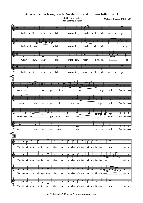 Wahrlich ich sage euch So ihr den Vater etwas bitten werdet (Gemischter Chor) (Gemischter Chor) von Melchior Franck (1580-1639)