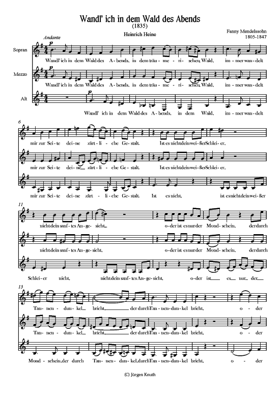 Wandl ich in dem Wald des Abends (Frauenchor) (Frauenchor) von Fanny Hensel (Mendelssohn) 1805-1847