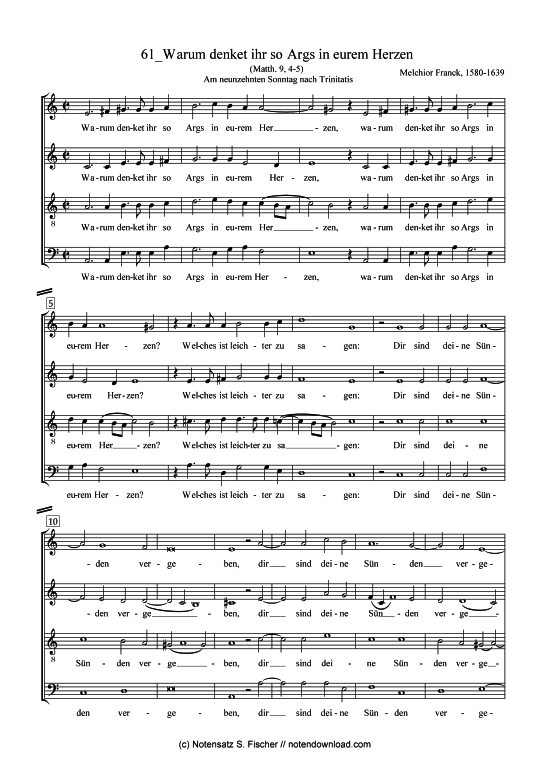 Warum denket ihr so Args in eurem Herzen (Gemischter Chor) (Gemischter Chor) von Melchior Franck (1580-1639)