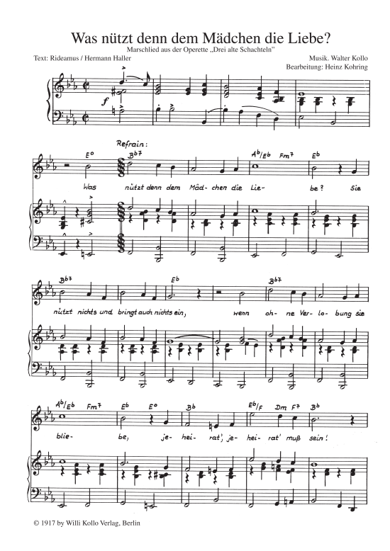 Was n tzt denn dem M dchen die Liebe (Klavier + Gesang) (Klavier Gesang  Gitarre) von Marschlied aus Drei alte Schachteln