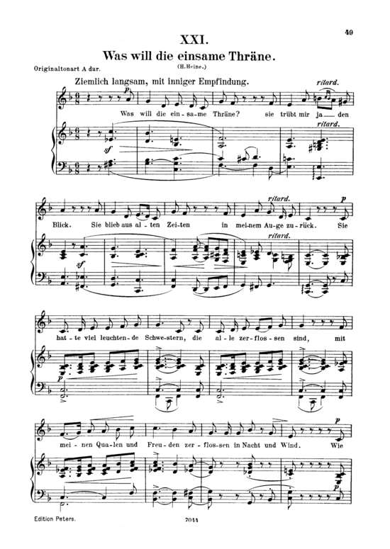 Was will die einsame Thr auml ne Op.25 No.21 (Gesang tief + Klavier) (Klavier  Gesang tief) von Robert Schumann