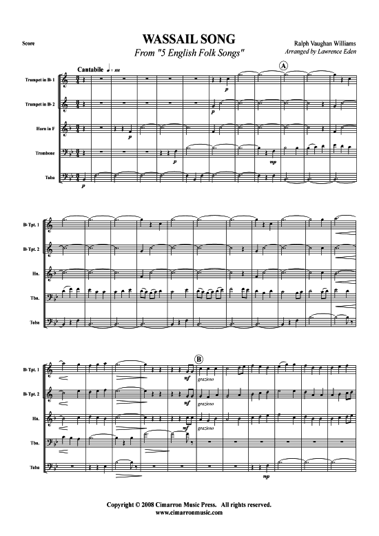 Wassail Song (Blechbl auml serquintett) (Quintett (Blech Brass)) von Ralph Vaughan Williams (aus Five English Folk Songs)