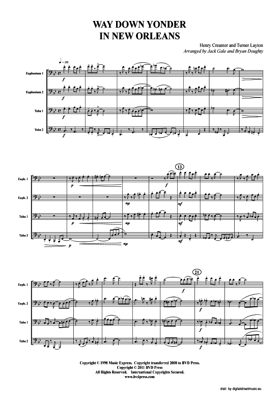 Way Down Yonder in New Orleans (Tuba Quartett 2x Bariton 2xTuba) (Quartett (Tuba)) von Traditional (arr. Gale)