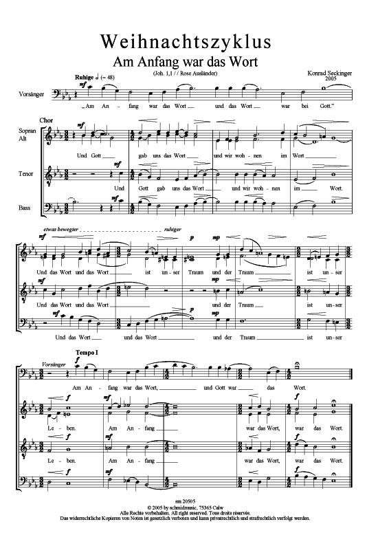 Weihnachtszyklus (M nner-Solo + Gemischter Chor) (Gemischter Chor) von Konrad Seckinger