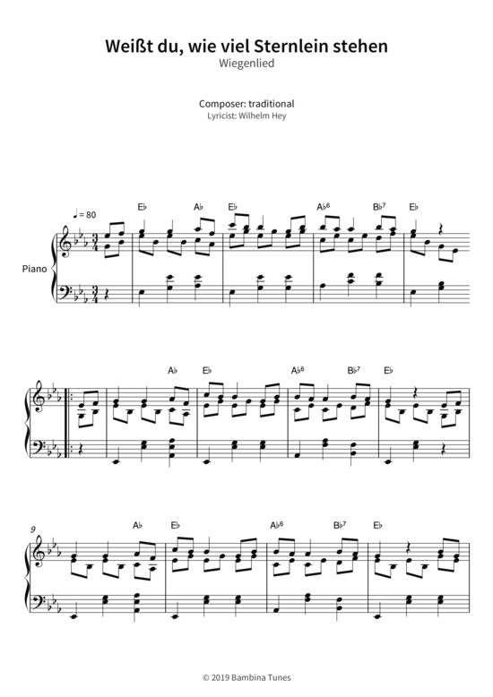 Wei t du wie viel Sternlein stehen - Wiegenlied (Klavier Solo) (Klavier Solo) von traditional