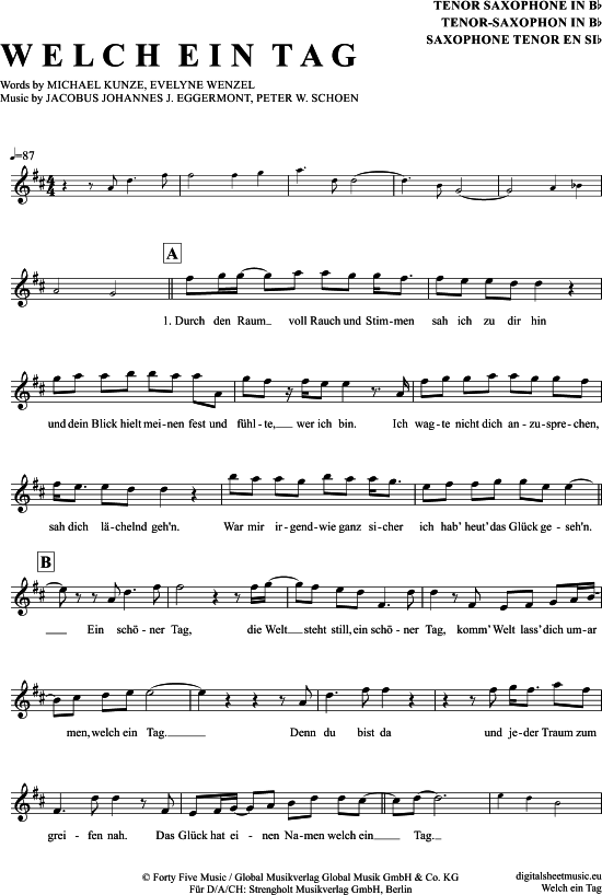 Welch Ein Tag (Tenor-Sax) (Tenor Saxophon) von Mario Jordan