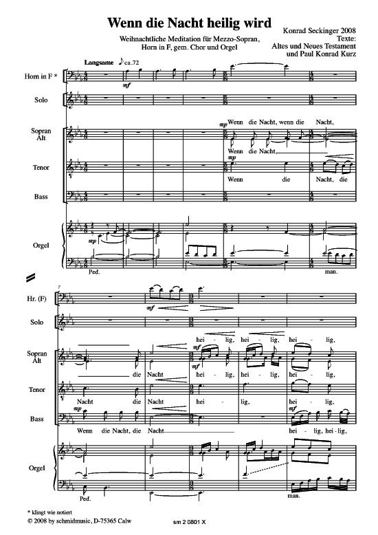 Wenn die Nacht heilig wird (Mezzo Solo Horn Gemischter Chor + Orgel) (Gemischter Chor Soli Orgel) von Konrad Seckinger