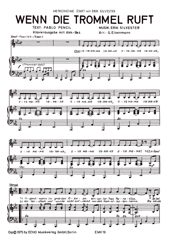 Wenn die Trommel ruft (Klavier + Gesang) (Klavier Gesang  Gitarre) von Erik Silvester