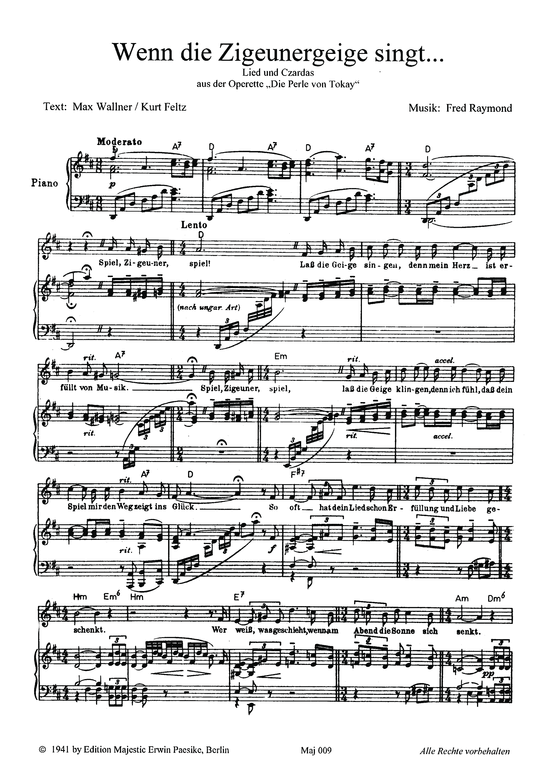 Wenn die Zigeunergeige singt (Klavier + Gesang) (Klavier Gesang  Gitarre) von aus Die Perle von Tokay (Operette)