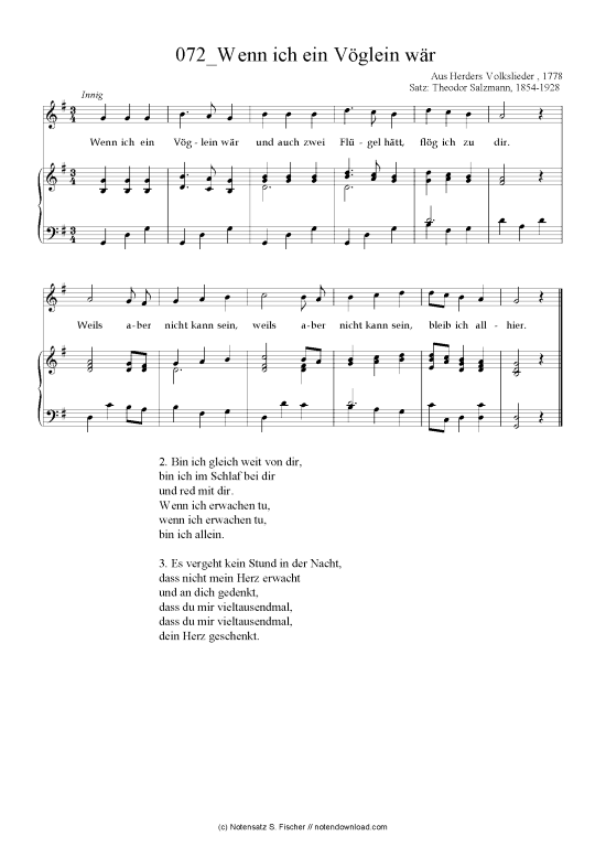Wenn ich ein V glein w r (Klavier + Gesang) (Klavier  Gesang) von Aus Herders V olkslieder  1778 