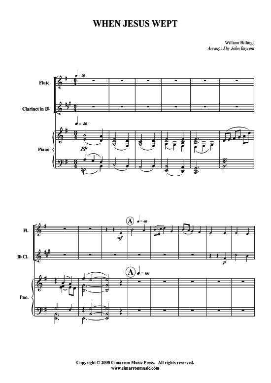 When Jesus Wept (Querfl ouml te Klarinette + Klavier) (Trio (Klavier  2 St.)) von W. Billings