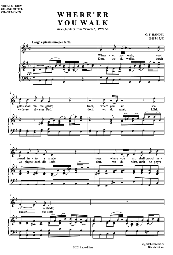 Wher er you walk - (Where you walk) Dort wo du weilst (mittel D - E ) (Klavier  Gesang) von G. F. H ndel (Jupiter aus Semele HWV 58)