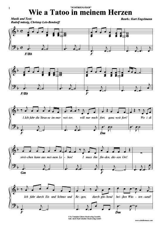 Wie a Tatoo in meinem Herzen (Klavier + Gesang) (Klavier Gesang  Gitarre) von Zillertaler Sch uuml rzenj auml ger
