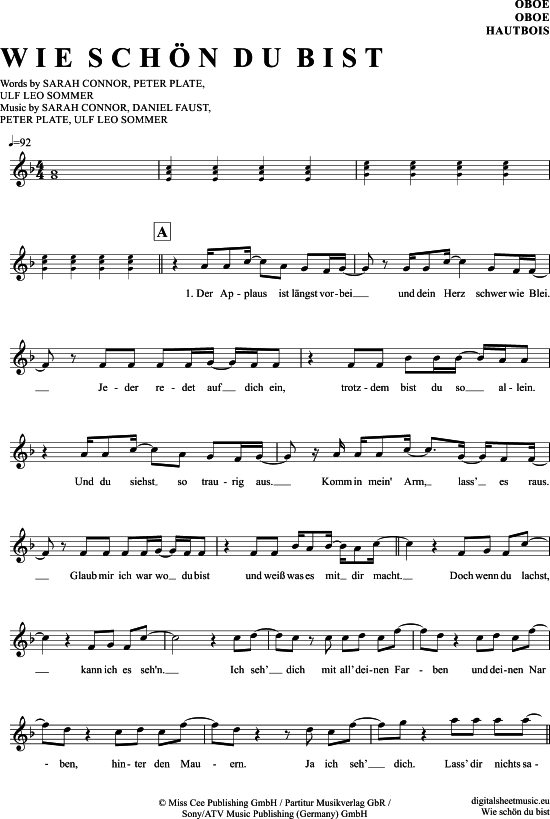 Wie sch ouml n du bist (Oboe) (Oboe Fagott) von Sarah Connor