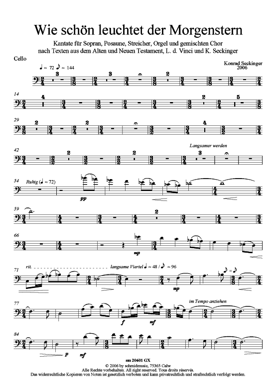 Wie sch ouml n leuchtet der Morgenstern (Cello - Einzelstimme) (Gemischter Chor Soli Orgel) von Konrad Seckinger (Weihnachtskantate)