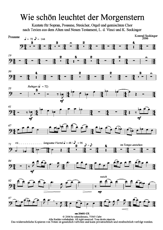 Wie sch ouml n leuchtet der Morgenstern (Posaune - Einzelstimme) (Gemischter Chor Soli Orgel) von Konrad Seckinger (Weihnachtskantate)