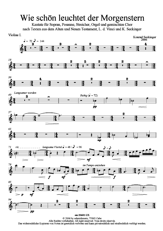 Wie sch ouml n leuchtet der Morgenstern (Violine 1 - Einzelstimme) (Gemischter Chor Soli Orgel) von Konrad Seckinger (Weihnachtskantate)