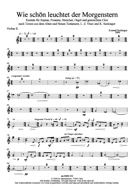 Wie sch ouml n leuchtet der Morgenstern (Violine 2 - Einzelstimme) (Gemischter Chor Soli Orgel) von Konrad Seckinger (Weihnachtskantate)