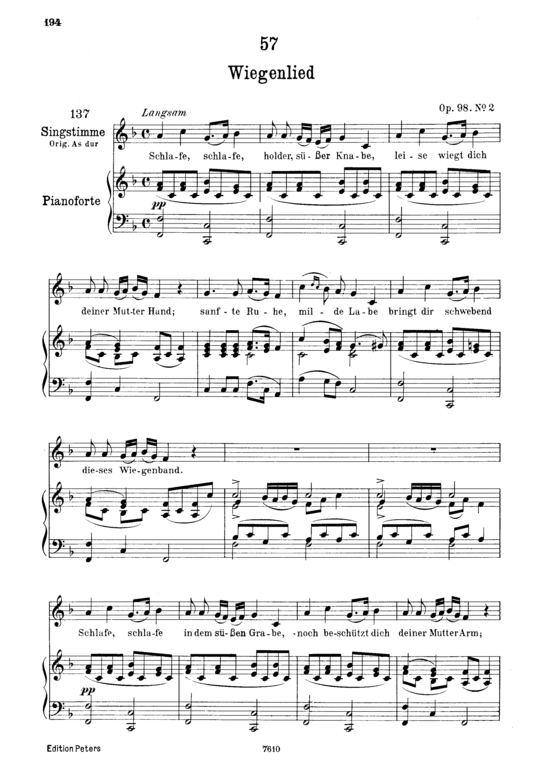 Wiegenlied (Lullaby) D.498 Schlafe schlafe holder s uuml sser Knabe (Gesang tief + Klavier) (Klavier  Gesang tief) von Franz Schubert
