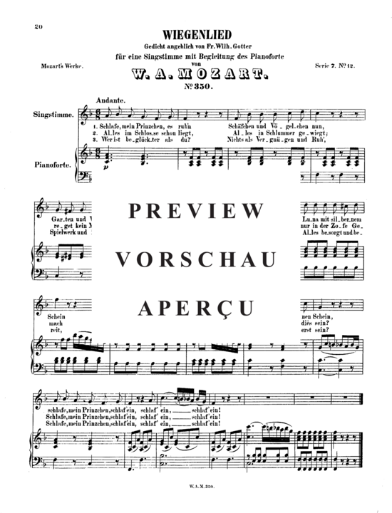 Wiegenlied (Schlafe mein Prinzchen K.350) (Gesang hoch + Klavier) (Klavier  Gesang hoch) von Wolfgang Amadeus Mozart