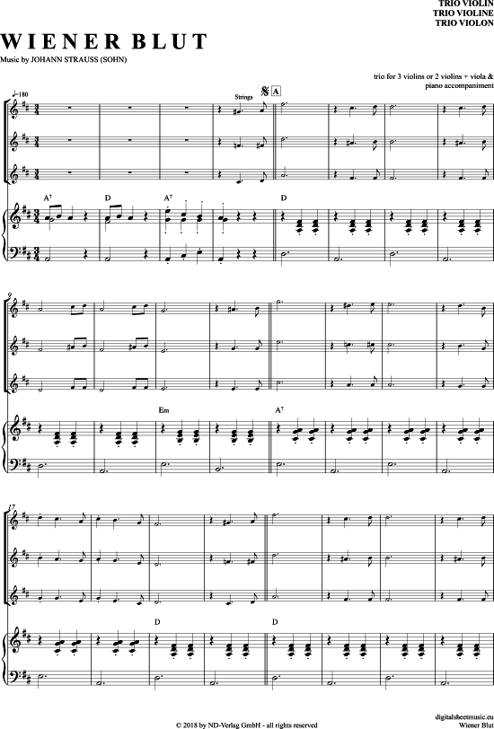 Wiener Blut (Violinen Trio + Klavier) (Trio (Violine)) von Johann Strau (Sohn)