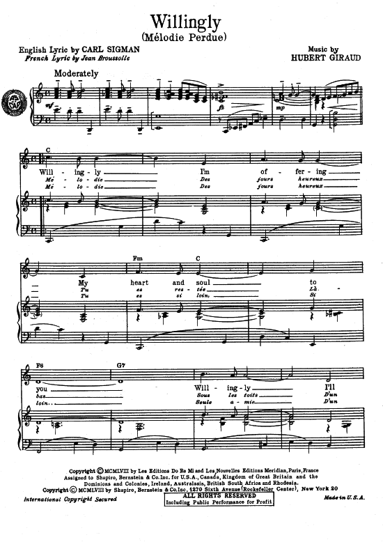 Willingly (M amp eacute lodie Perdue) (Klavier + Gesang) (Klavier Gesang  Gitarre) von Popular Standard
