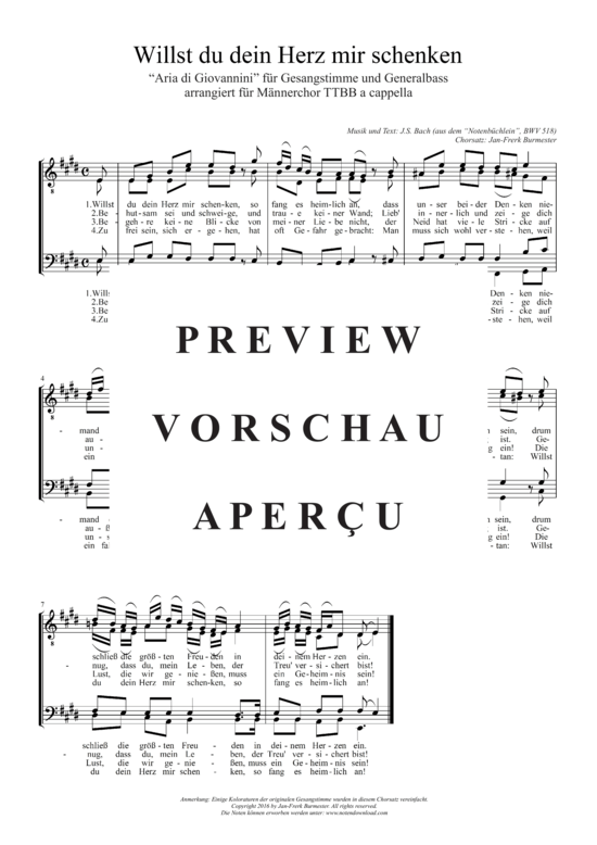 Willst du dein Herz mir schenken (M nnerchor TTBB) (M nnerchor) von J.S.Bach